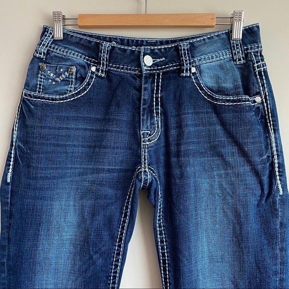 ROCK & Roll Cowgirl Mid Rise Bootcut Jeans 30x34 Embellished Pockets - Picture 5 of 12
